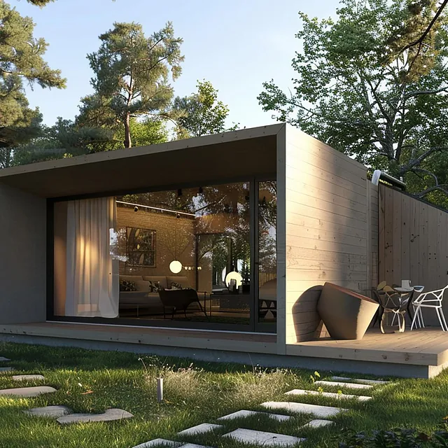 Liten, moderne hytte med store vinduer omgitt av trær og grønt.