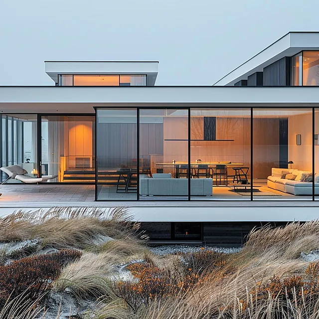 Luksuriøst strandhus med store glassvinduer, omgitt av sanddyner.