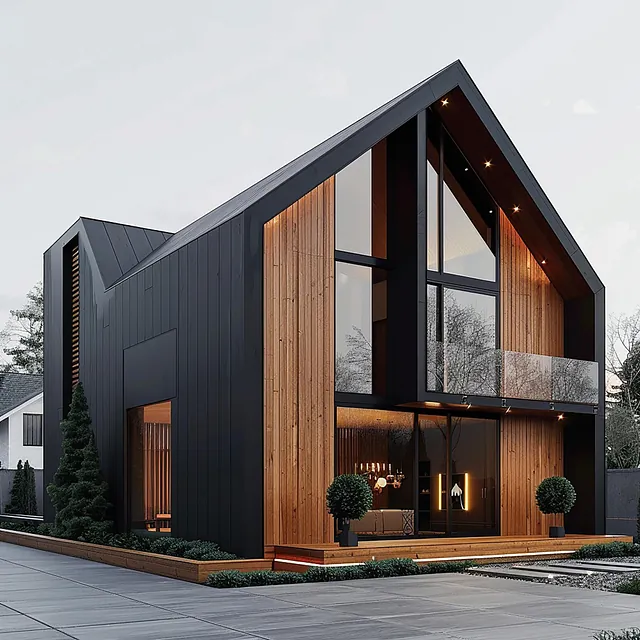 Moderne sort og trehus med store vindusflater og minimalistisk design.