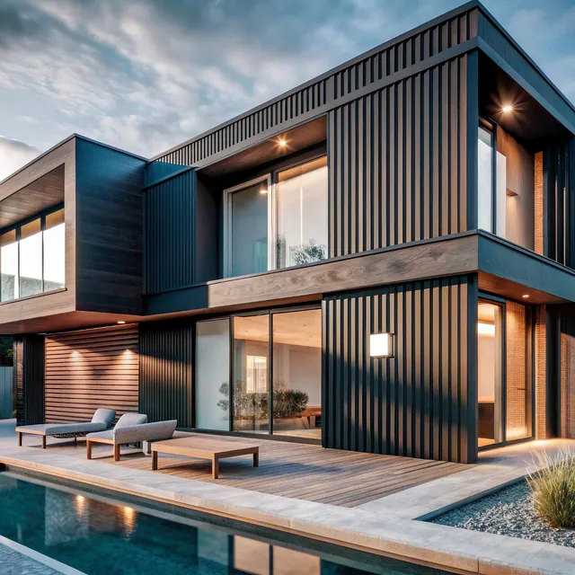 Moderne hus med basseng, trepanel og glassfasade.